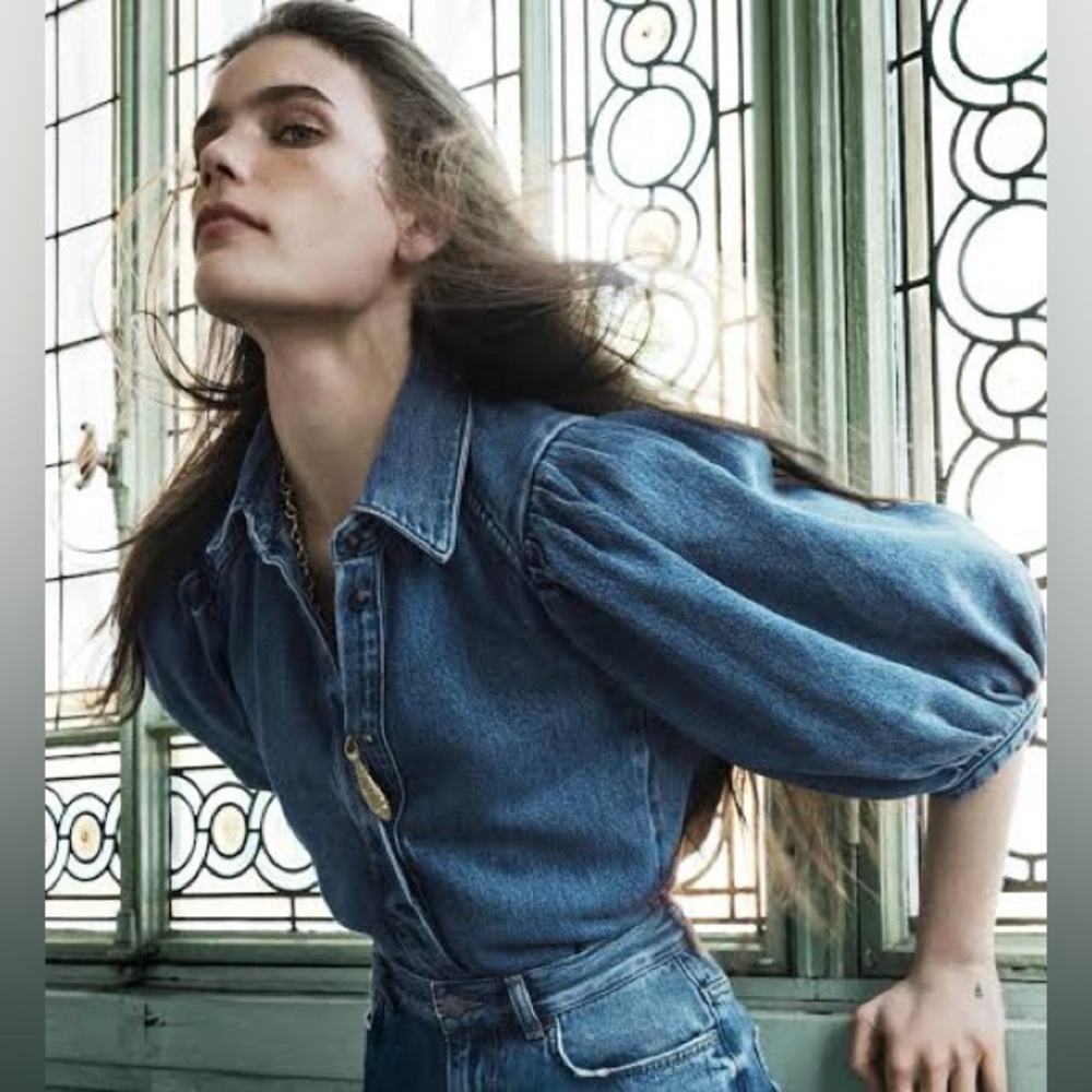 Zara Denim Balloon Sleeve Blouse Top